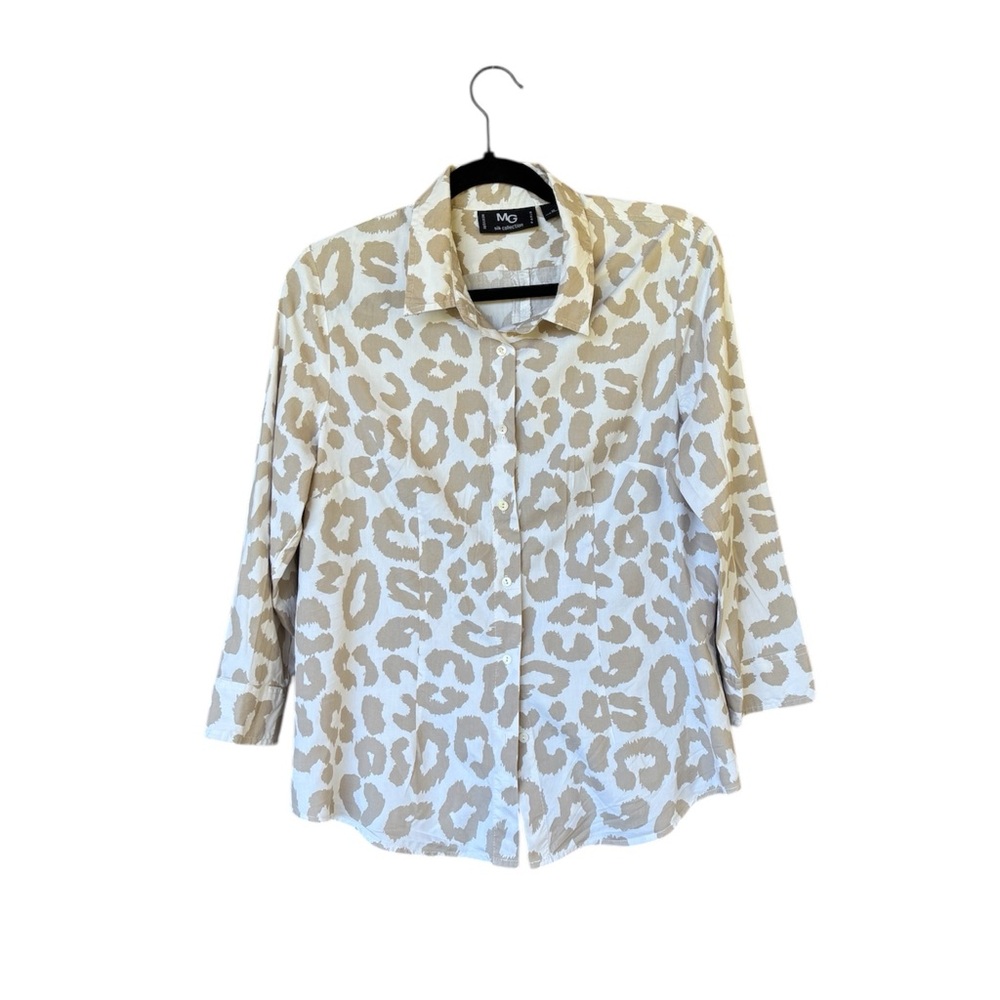 MG Silk‎ Collection Leopard Print 100% Silk Blouse Tan Beige XL